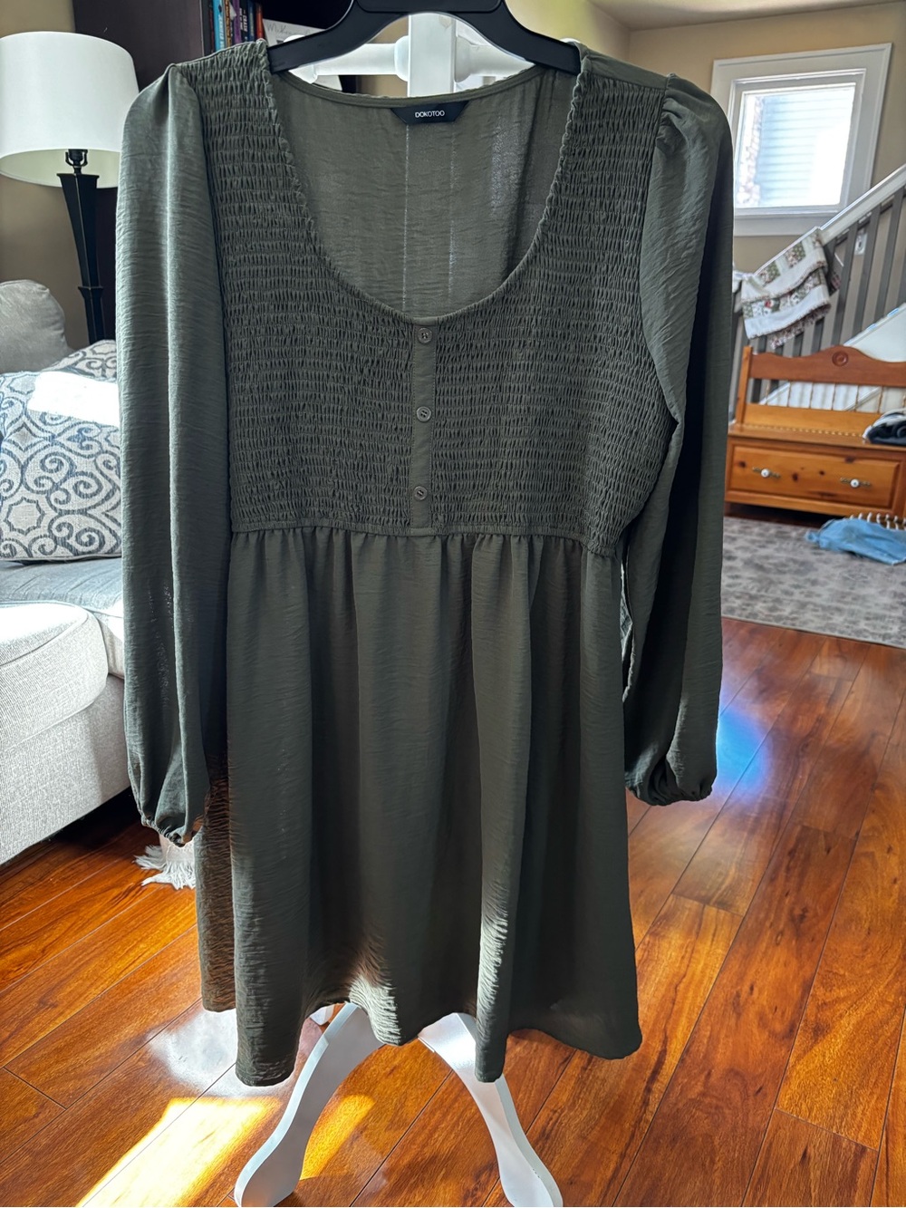 Dokotoo Olive Green Smocked Long Sleeve Mini Dress
